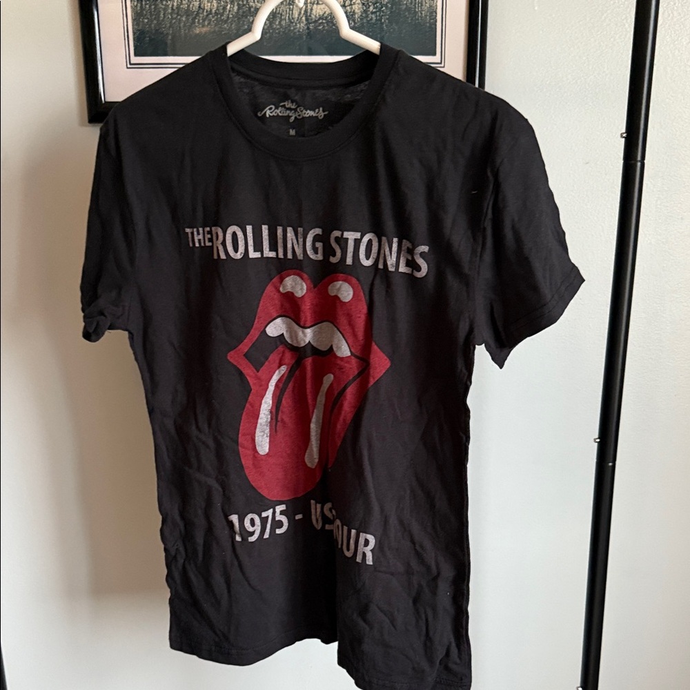 the Rolling Stones Black Tee with Red Tongue Graphic and White Text